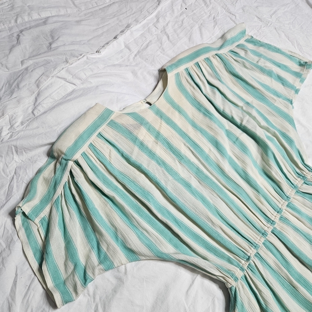 Vintage 80s Phoebe Peplum Midi Dress Aqua Green Ivory Stripe Rayon sz 5-6 - Picture 7 of 9